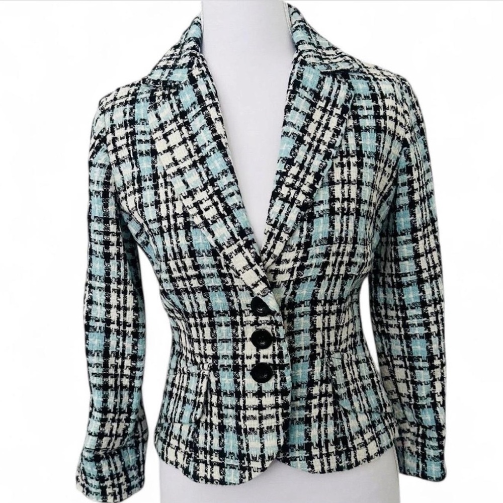 Tailored Plaid Tweed Jacket in Light Blue, Black & White plaid tweed
